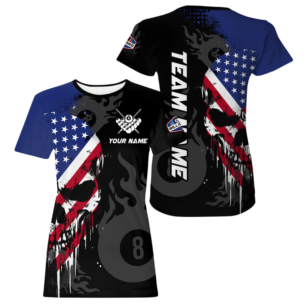 Grunge American Flag Skull 8 Ball Pool T Shirt For Women Custom Pool Team Jersey, Billiard T Shirt TDM3249