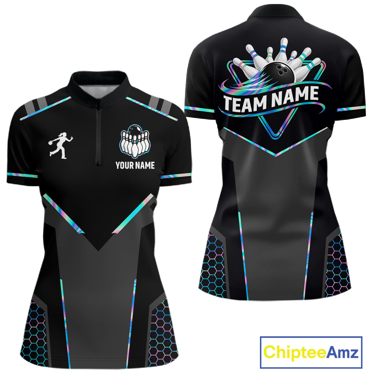 Personalized Holographic Bowling Jersey For Women Custom Bowling Team Shirts Polo & Quarter Zip TDM6118