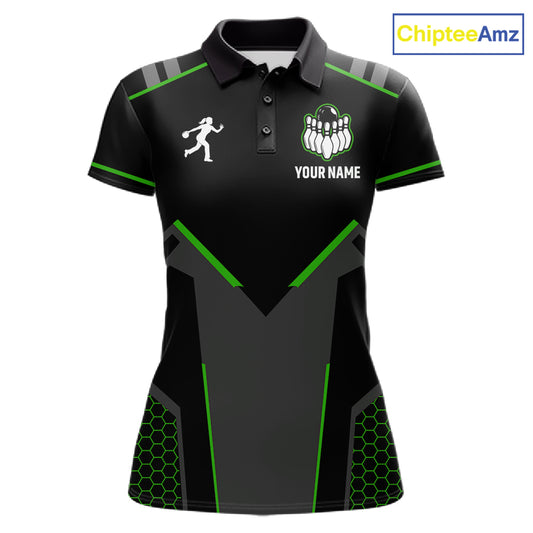 Personalized Bowling Jersey For Women, Custom Black And Green Bowling Team Shirt Polo & 1/4 Zip TDM6546