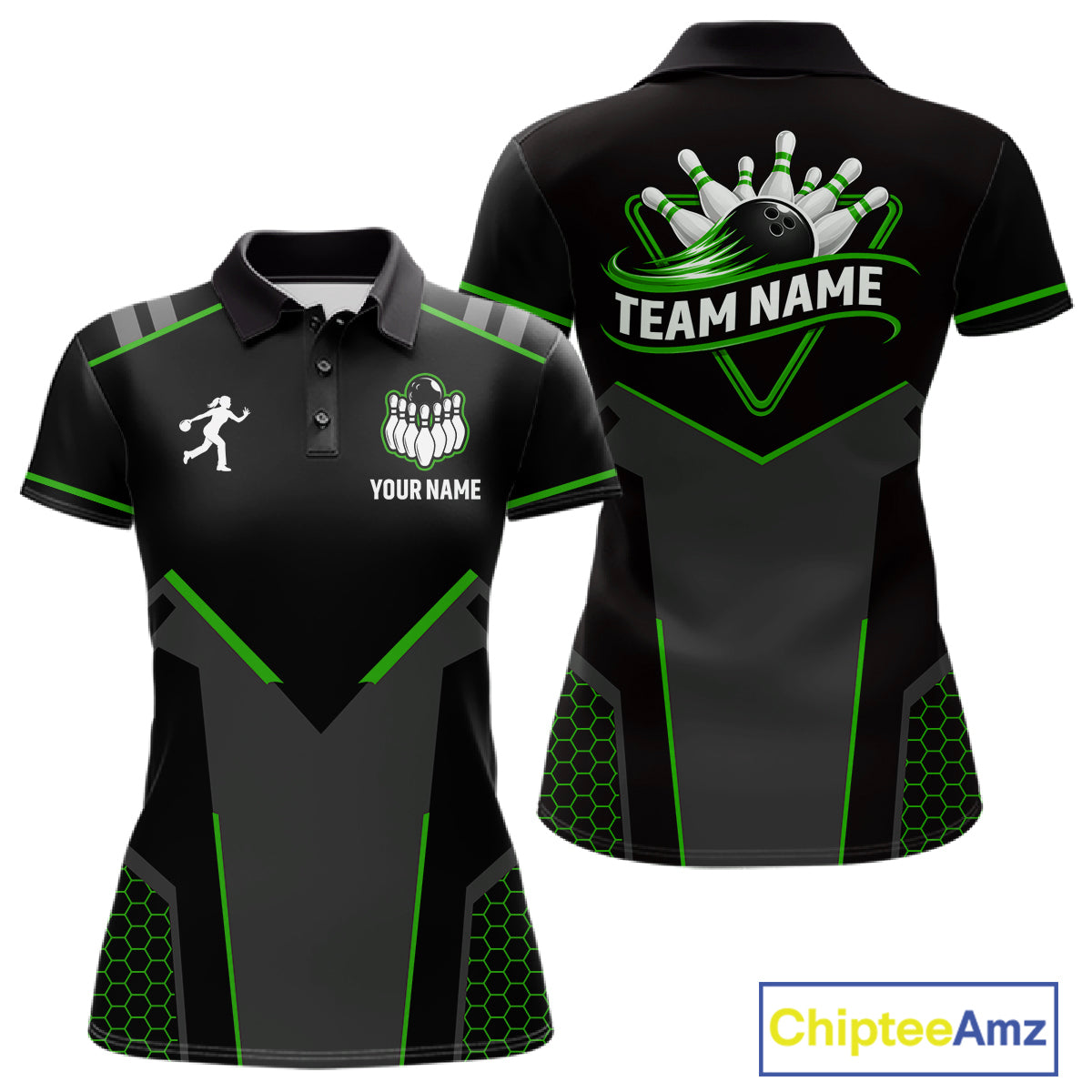 Personalized Bowling Jersey For Women, Custom Black And Green Bowling Team Shirt Polo & 1/4 Zip TDM6546