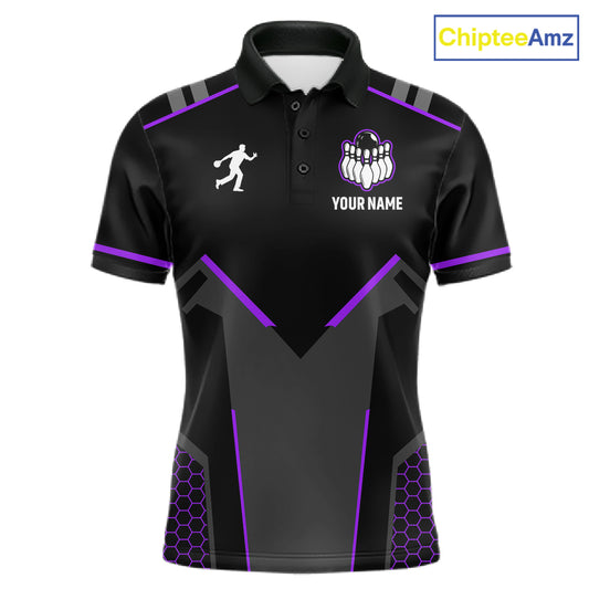 Personalized Bowling Jersey For Men, Custom Black And Purple Bowling Team Shirt Polo & 1/4 Zip TDM6547