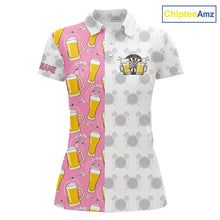 Load image into Gallery viewer, Pink and white darts and beer darts polo shirt for women with custom darts team graphics.