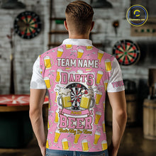 Load image into Gallery viewer, Back view of man wearing a pink and white darts and beer darts shirt.
