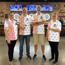 Load image into Gallery viewer, Darts team wearing matching pink and white darts and beer darts jerseys during league competition front view.