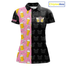 Load image into Gallery viewer, Pink and black darts and beer darts polo shirt for women with custom darts team graphics.