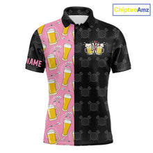 Load image into Gallery viewer, Pink and black darts and beer darts polo shirt for men with custom darts team graphics.