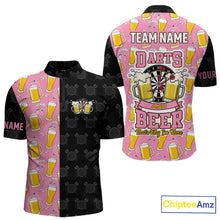 Load image into Gallery viewer, Pink and black darts and beer darts quarter zip shirt for men designed for league tournaments and team events.