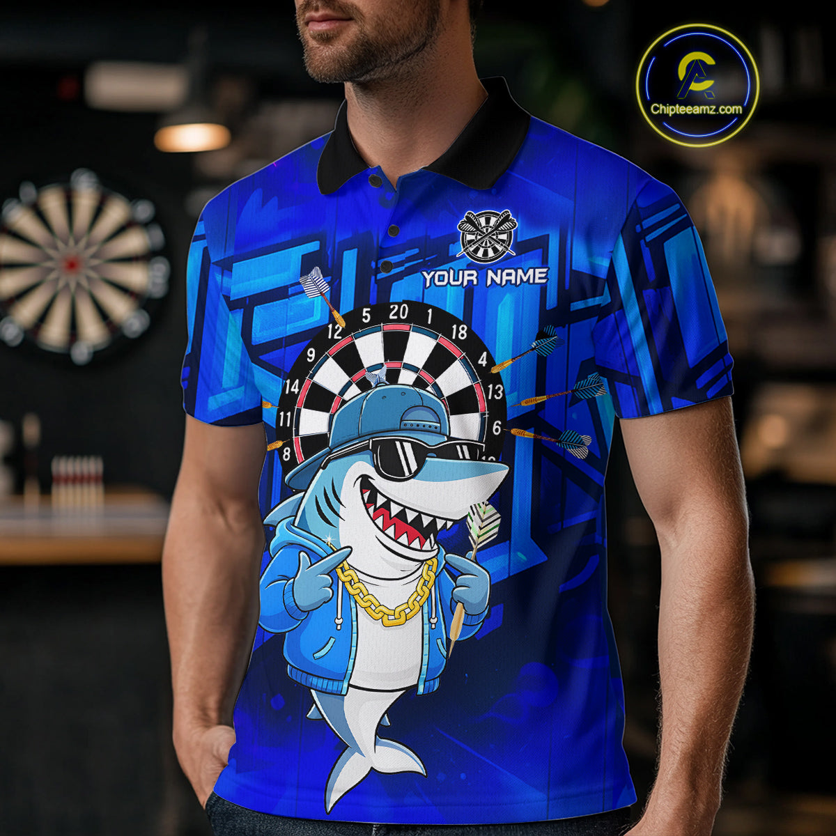 Blue Funny Shark Custom Darts Shirt For Men, Personalized Darts Jersey Team Polo & Quarter Zip TDM5245