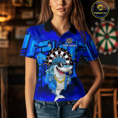 Blue Funny Shark Custom Darts Shirt For Women, Personalized Darts Jersey Team Polo & Quarter Zip TDM5245