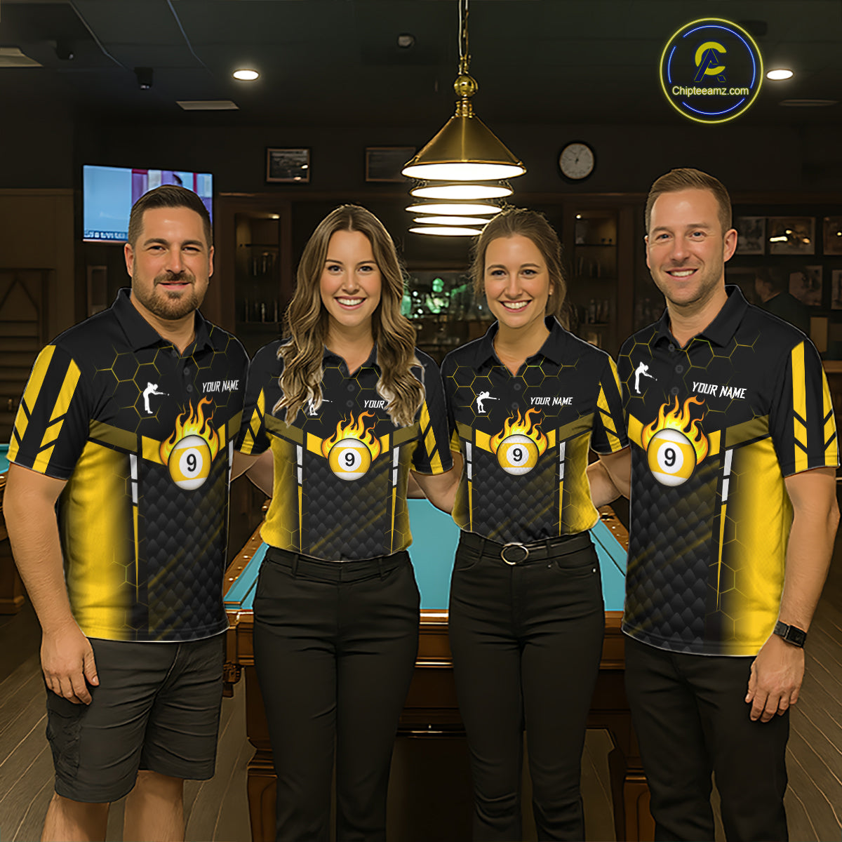 Personalized Yellow 9 Ball Flame Billiard Polo & Quarter Zip For Women, 9 Ball Pool Team Jersey TDM6127