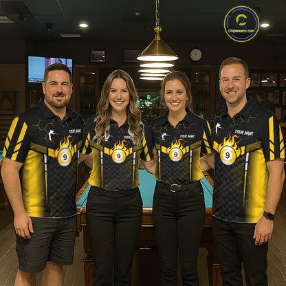 Personalized Yellow 9 Ball Flame Billiard Polo & Quarter Zip For Women, 9 Ball Pool Team Jersey TDM6127