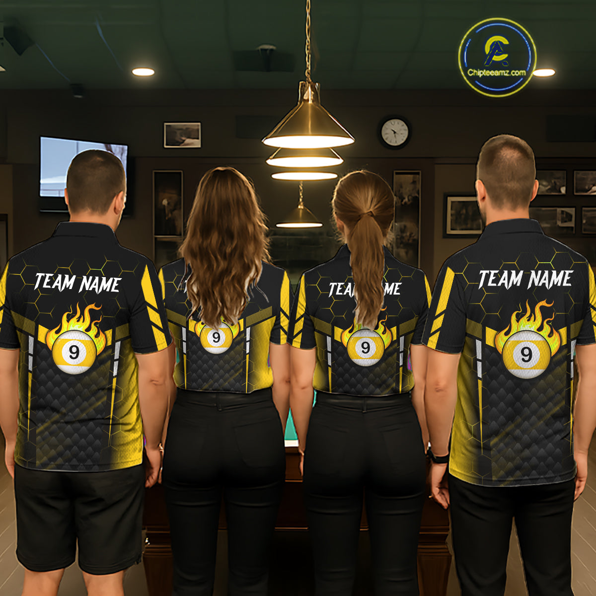 Personalized Yellow 9 Ball Flame Billiard Polo & Quarter Zip For Women, 9 Ball Pool Team Jersey TDM6127