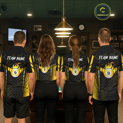 Personalized Yellow 9 Ball Flame Billiard Polo & Quarter Zip For Women, 9 Ball Pool Team Jersey TDM6127