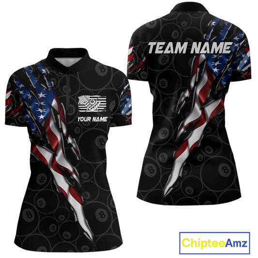 American Flag Scratch Billiard Shirt For Women, Custom 8 Ball Pool Team Jersey Polo & 1/4 Zip TDM4030
