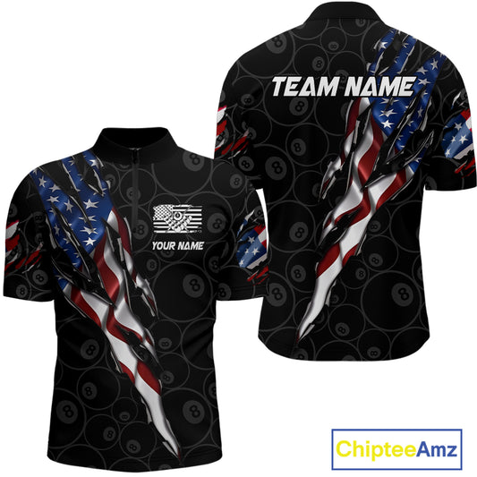 American Flag Scratch Billiard Shirt For Men, Custom 8 Ball Pool Team Jersey Polo & 1/4 Zip TDM4030