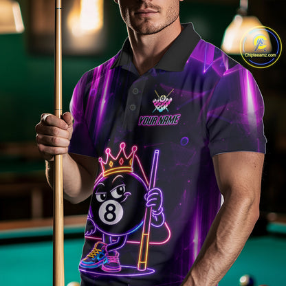 Man Wearing Purple Funny Neon 8 Ball Pool Billiard Polo Shirt with Athletic Performance Fit and Vibrant Graphic Artwork, Front View