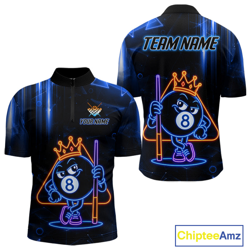 Personalized Blue Funny Neon 8 Ball Pool Quarter Zip Billiard Shirt Created for League Players with Custom Team Design and Premium Performance Fabric