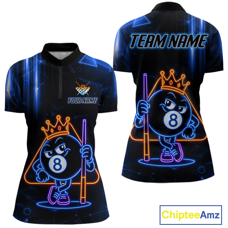 Personalized Blue Funny Neon 8 Ball Pool Quarter Zip Billiard Shirt Created for Pool League Teams with Custom Jersey Design and Performance Fabric