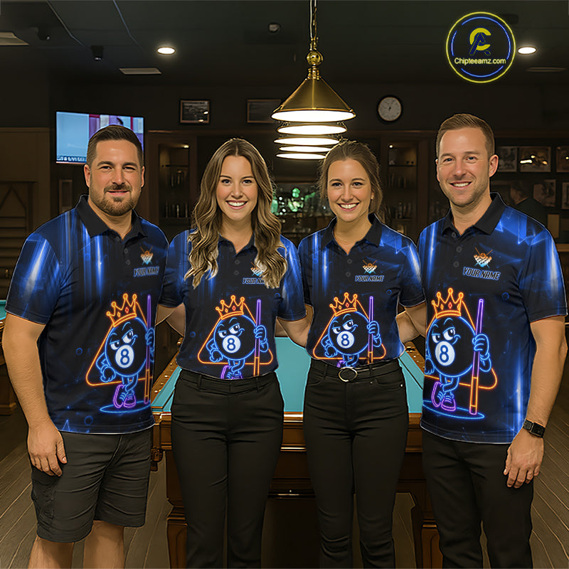 Pool Team Wearing Personalized Blue Funny Neon 8 Ball Billiard Jerseys During Pool League Competition and Tournament Events, Front View