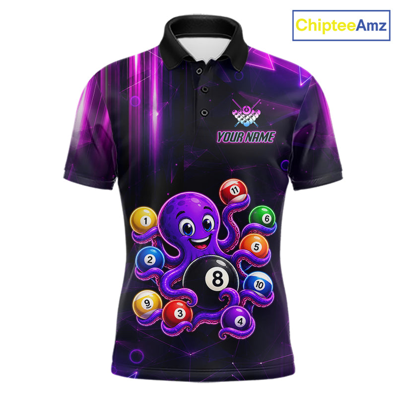 Purple Funny Neon Octopus 8 Ball Pool Billiard Polo Shirt Featuring Vibrant Neon Artwork for Custom League Team Jerseys, Tournament Play, and Competitive Pool Players