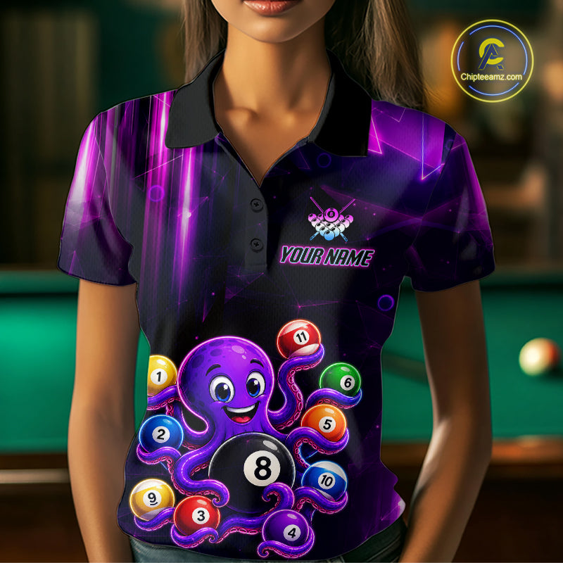 Woman Wearing Purple Funny Neon Octopus 8 Ball Pool Billiard Polo Shirt with Athletic Performance Fit and Vibrant Neon Graphic Artwork, Front View
