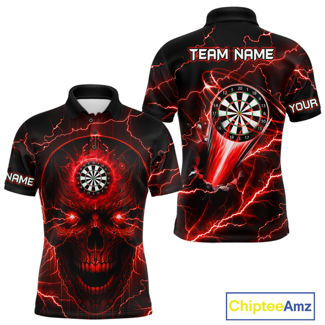Personalized Red Darts Skull Shirt For Men Custom Polo & 1/4 Zip Lightning Thunder Darts Jersey TDM4621