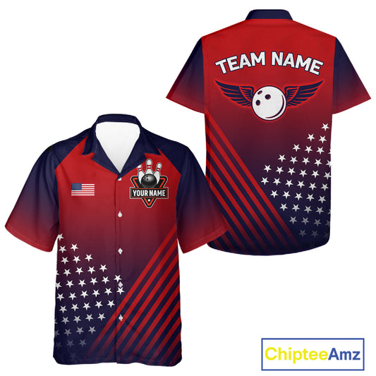 American Flag Hawaiian Bowling Shirt For Men Women Custom Patriotic Bowling Team Jersey |Red TDM5970