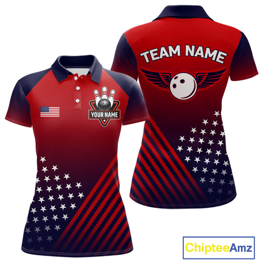 American Flag Bowling Jersey For Women Custom Patriotic Bowling Shirt Team Polo & 1/4 Zip |Red TDM5970