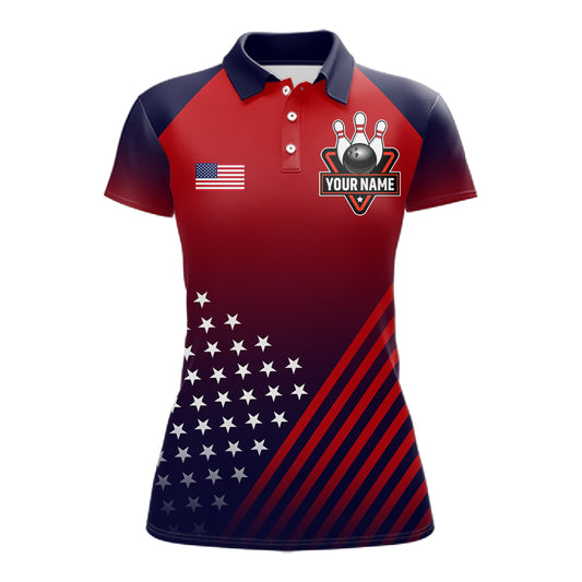 American Flag Bowling Jersey For Women Custom Patriotic Bowling Shirt Team Polo & 1/4 Zip |Red TDM5970