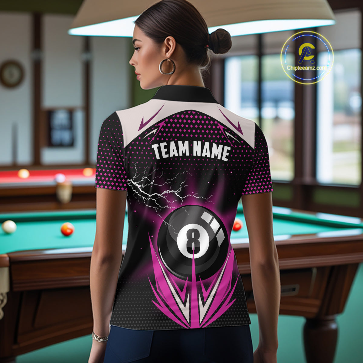 Pink 8 Ball Pool Billiard Jersey For Women Custom Lightning Billiard Team Shirt Polo & Quarter Zip TDM6134