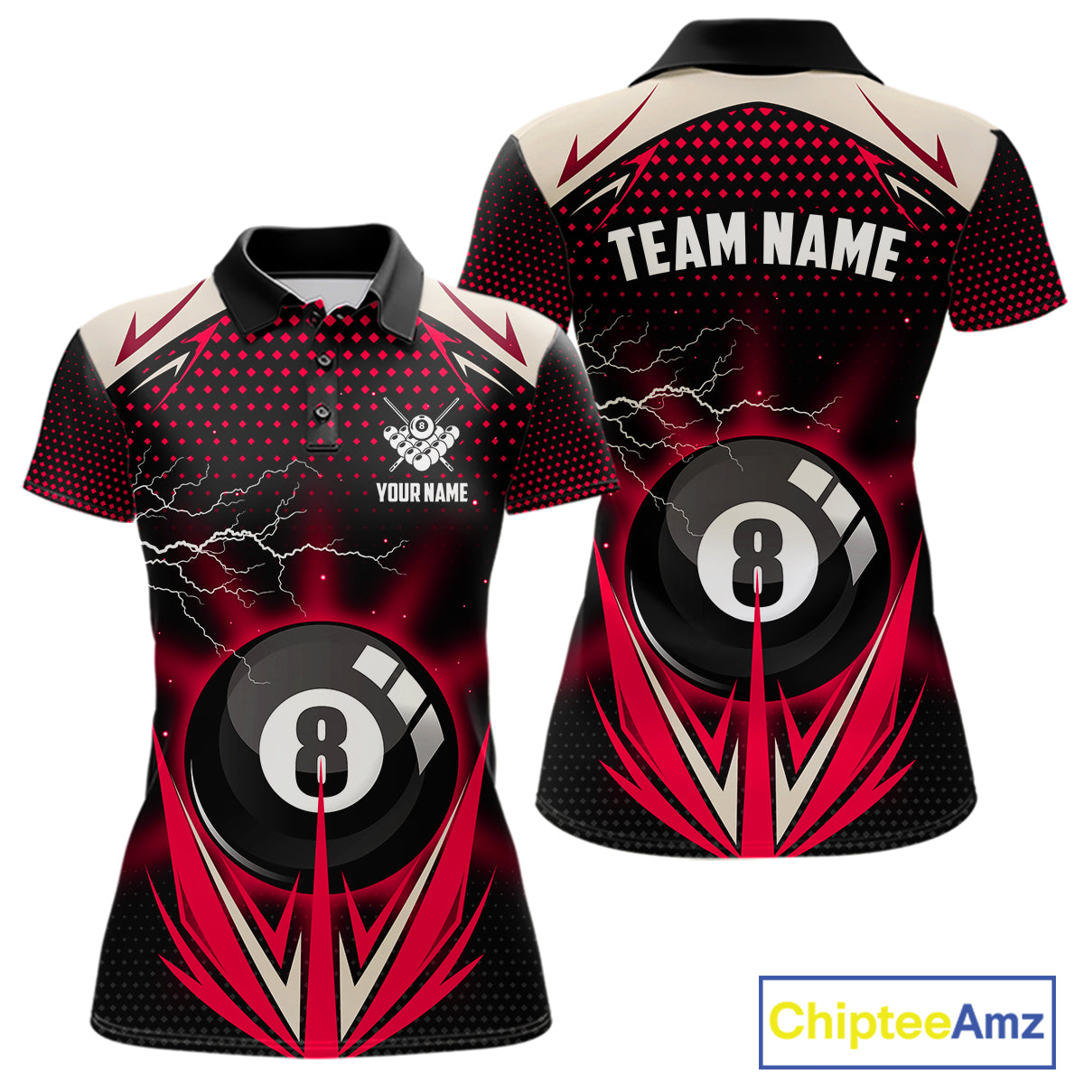 Red 8 Ball Pool Billiard Jersey For Women Custom Lightning Billiard Team Shirt Polo & Quarter Zip TDM6136