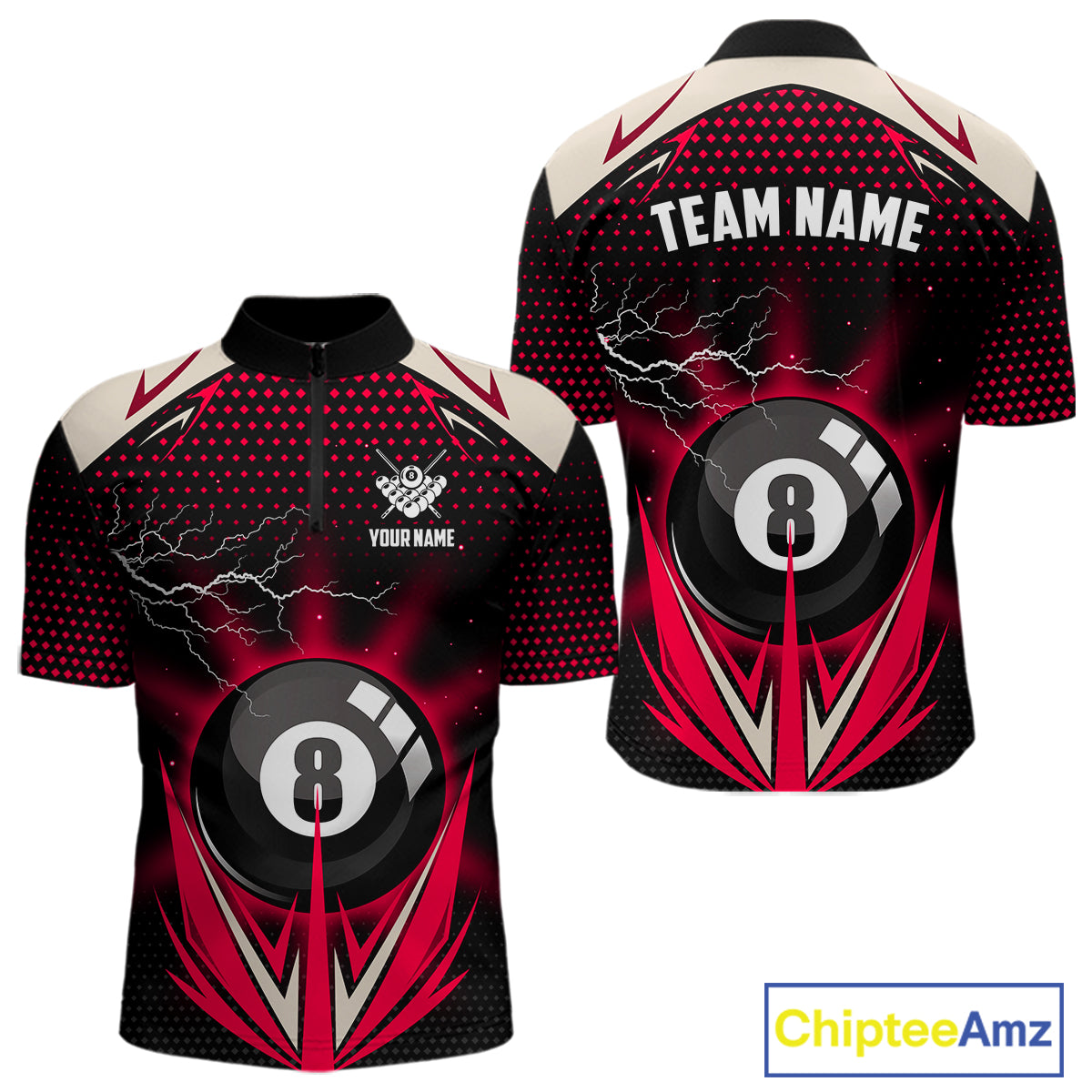 Red 8 Ball Pool Billiard Jersey For Men Custom Lightning Billiard Team Shirt Polo & Quarter Zip TDM6136