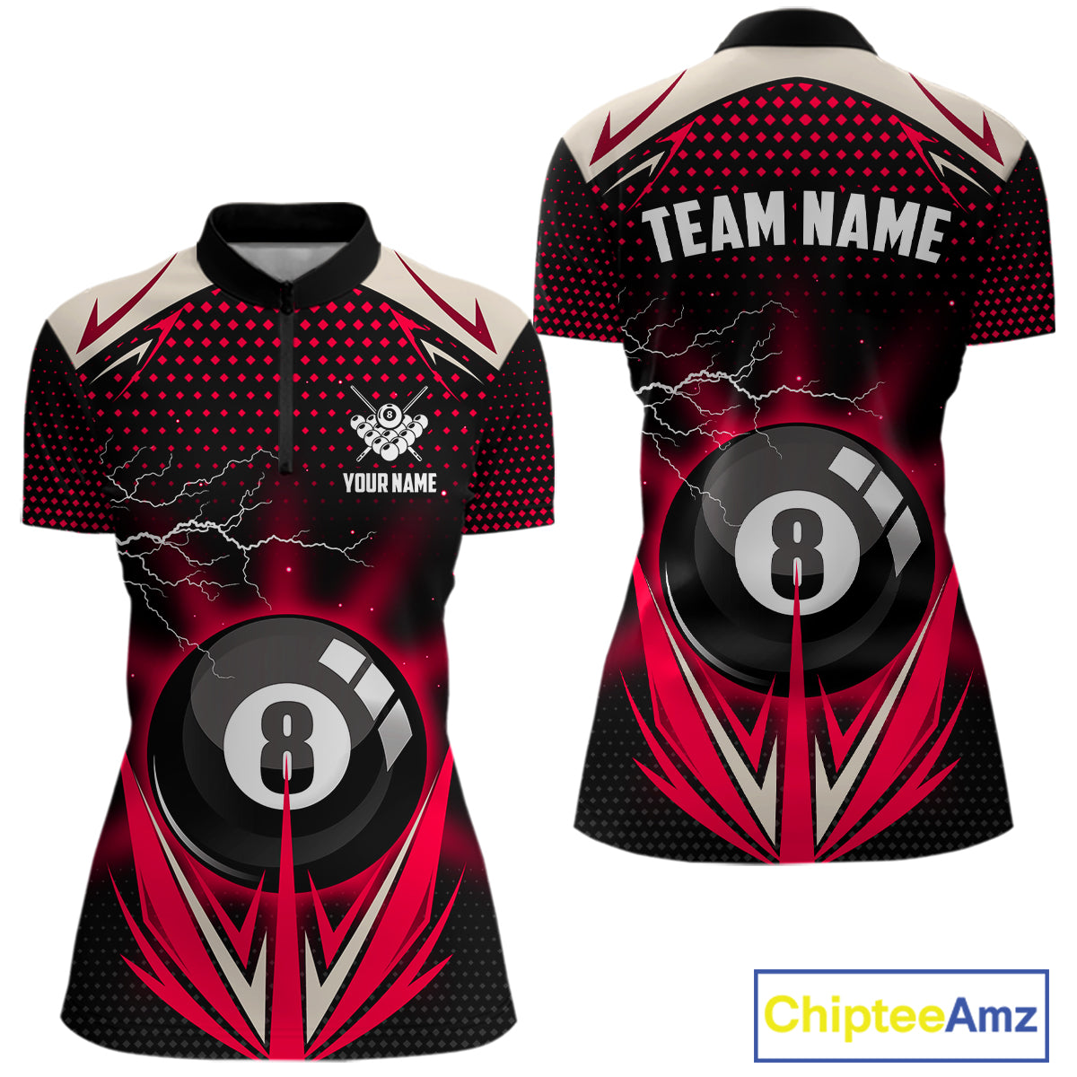 Red 8 Ball Pool Billiard Jersey For Women Custom Lightning Billiard Team Shirt Polo & Quarter Zip TDM6136
