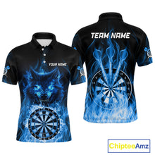 Load image into Gallery viewer, Custom Wolf Dart Shirts For Men – Fire Flame Dartboard Darts Team Jerseys Polo &amp; Quarter Zip |Blue TDM4043