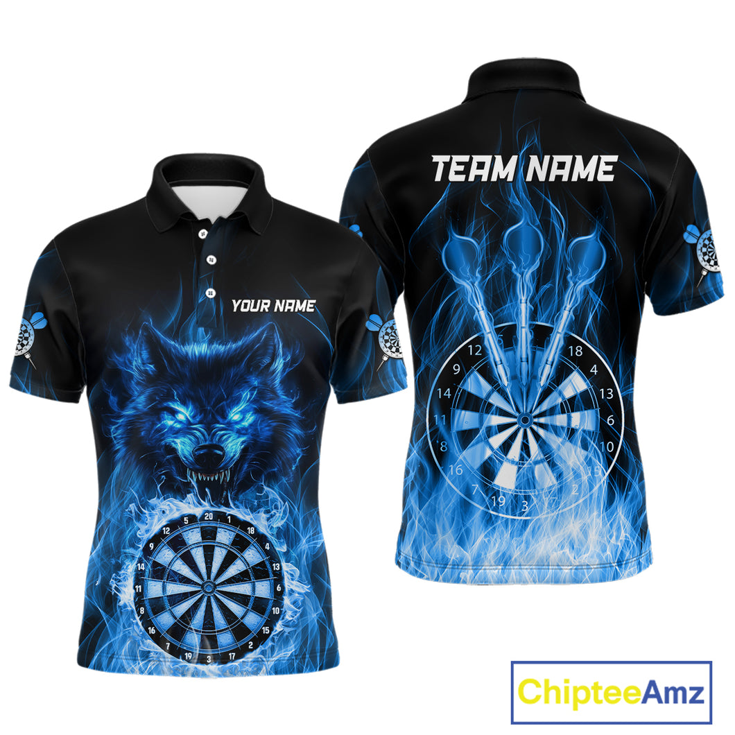 Custom Wolf Dart Shirts For Men – Fire Flame Dartboard Darts Team Jerseys Polo & Quarter Zip |Blue TDM4043