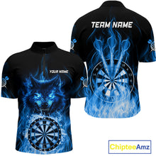 Load image into Gallery viewer, Custom Wolf Dart Shirts For Men – Fire Flame Dartboard Darts Team Jerseys Polo &amp; Quarter Zip |Blue TDM4043