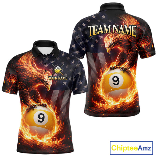 American Flag Flame 9 Ball Eagle Billiard Shirt For Men Custom Pool Team Shirt, Billiard Jersey TDM5788