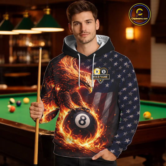 American Flag Flame 8 Ball & 9 Ball Eagle Billiard Hoodie For Men Women Custom Pool Hoodie Jersey TDM5789