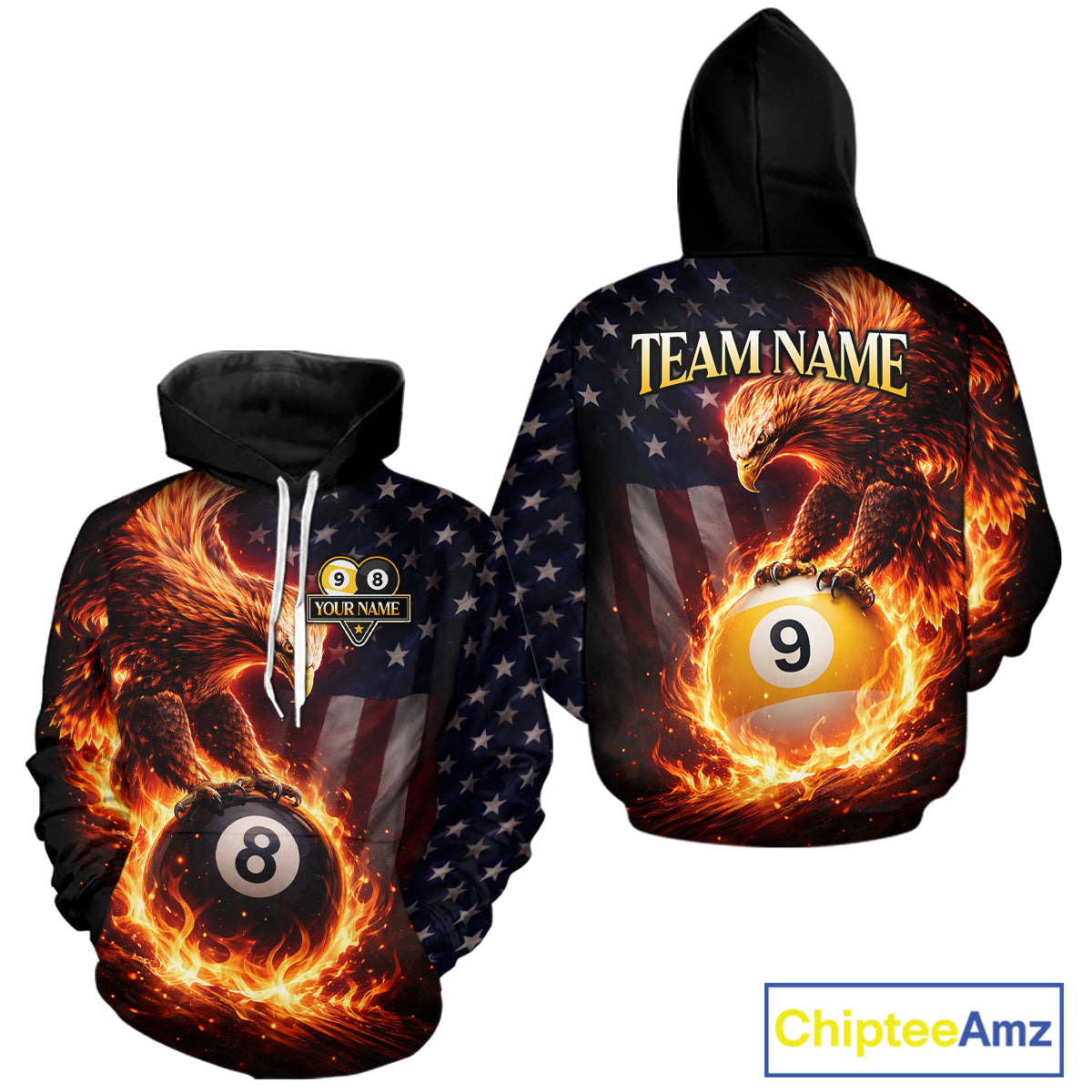 American Flag Flame 8 Ball & 9 Ball Eagle Billiard Hoodie For Men Women Custom Pool Hoodie Jersey TDM5789