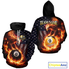 Load image into Gallery viewer, American Flag Flame 8 Ball &amp; 9 Ball Eagle Billiard Hoodie For Men Women Custom Pool Hoodie Jersey TDM5789