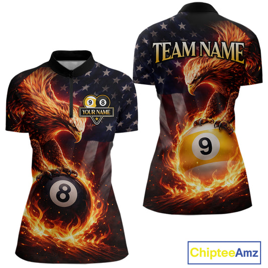 American Flag Flame 8 Ball & 9 Ball Eagle Billiard Shirt For Women Custom Patriotic Pool Team Jersey TDM5789