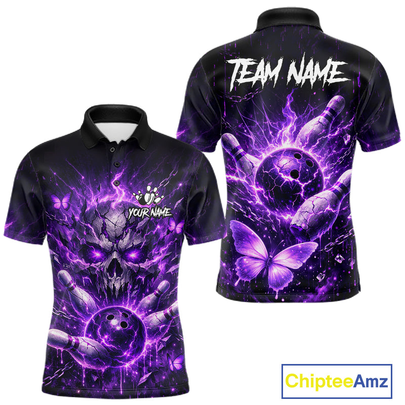 Personalized Purple Butterfly Skull Bowling Shirt For Men Custom Bowling Jersey Polo & 1/4 Zip TDM6383