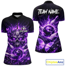 Load image into Gallery viewer, Personalized Purple Butterfly Skull Bowling Shirt For Women Custom Bowling Jersey Polo &amp; 1/4 Zip TDM6383