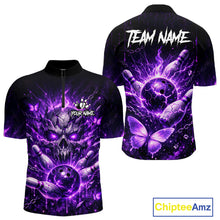 Load image into Gallery viewer, Personalized Purple Butterfly Skull Bowling Shirt For Men Custom Bowling Jersey Polo &amp; 1/4 Zip TDM6383