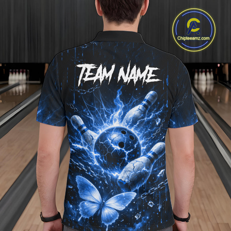 Personalized Blue Butterfly Skull Bowling Shirt For Men Custom Bowling Jersey Polo & 1/4 Zip TDM6384