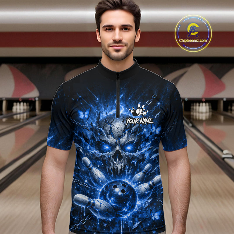 Personalized Blue Butterfly Skull Bowling Shirt For Men Custom Bowling Jersey Polo & 1/4 Zip TDM6384