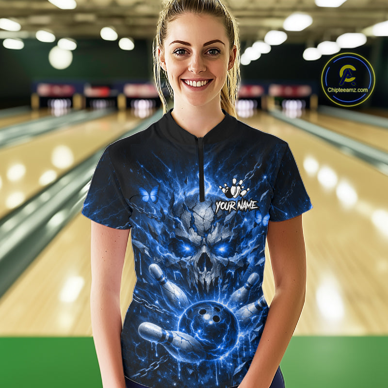 Personalized Blue Butterfly Skull Bowling Shirt For Women Custom Bowling Jersey Polo & 1/4 Zip TDM6384