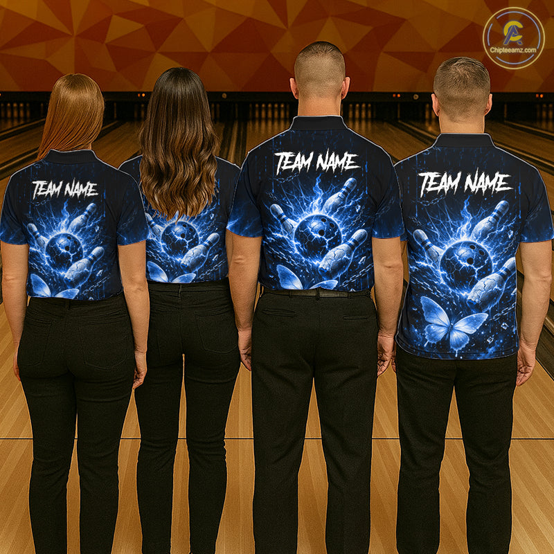 Personalized Blue Butterfly Skull Bowling Shirt For Men Custom Bowling Jersey Polo & 1/4 Zip TDM6384