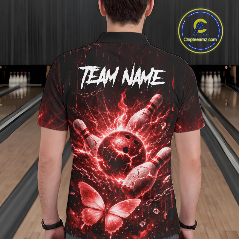 Personalized Red Butterfly Skull Bowling Shirt For Men Custom Bowling Jersey Polo & 1/4 Zip TDM6385