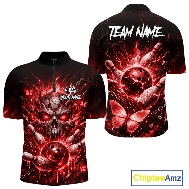Personalized Red Butterfly Skull Bowling Shirt For Men Custom Bowling Jersey Polo & 1/4 Zip TDM6385